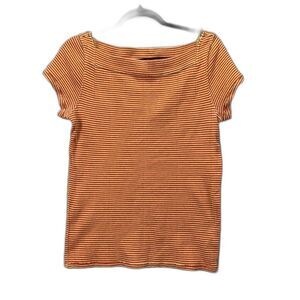 WE THE FREE XL WOMEN'S RAW HEM STRIPE BOAT NECK SHIRT in RUST ORANGE CREAM